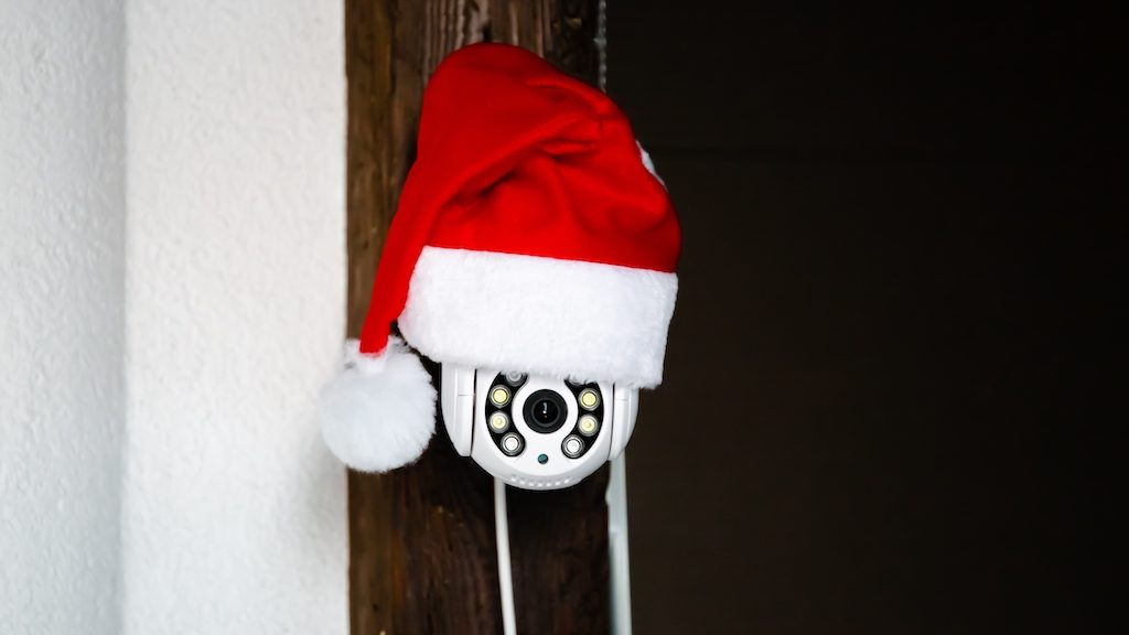 Security camera with Santa hat