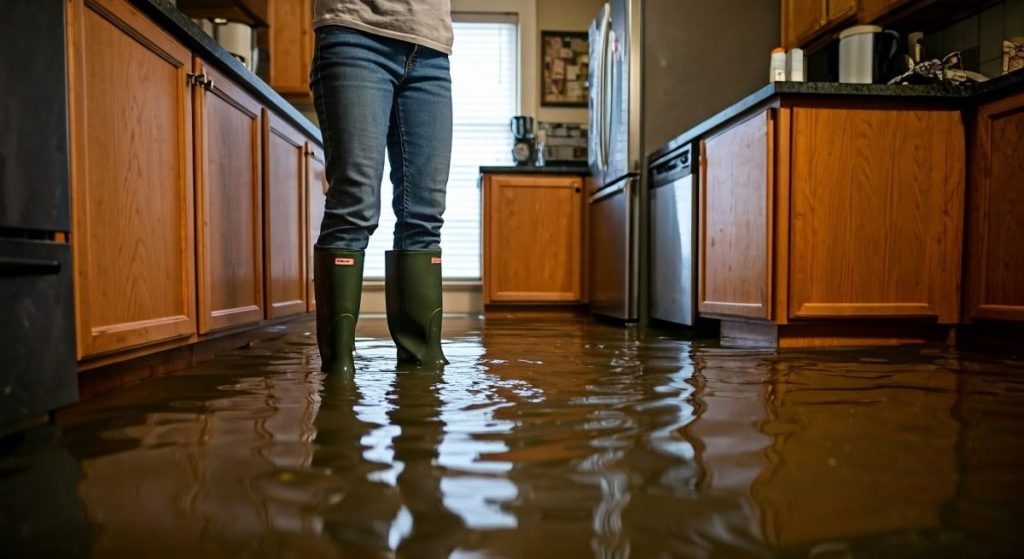 a homeowner standing in a flooded kitchen considers smart flood detection options